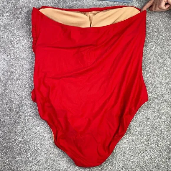 J. Crew Ruched Bandeau One-Piece Swimsuit Women’s 22 Red Strapless Full Coverage - Picture 3 of 10